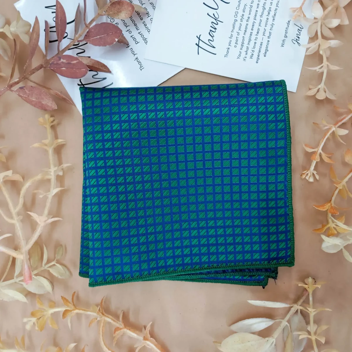 Emerald Green Checkered Silk Pocket Square - Image 3