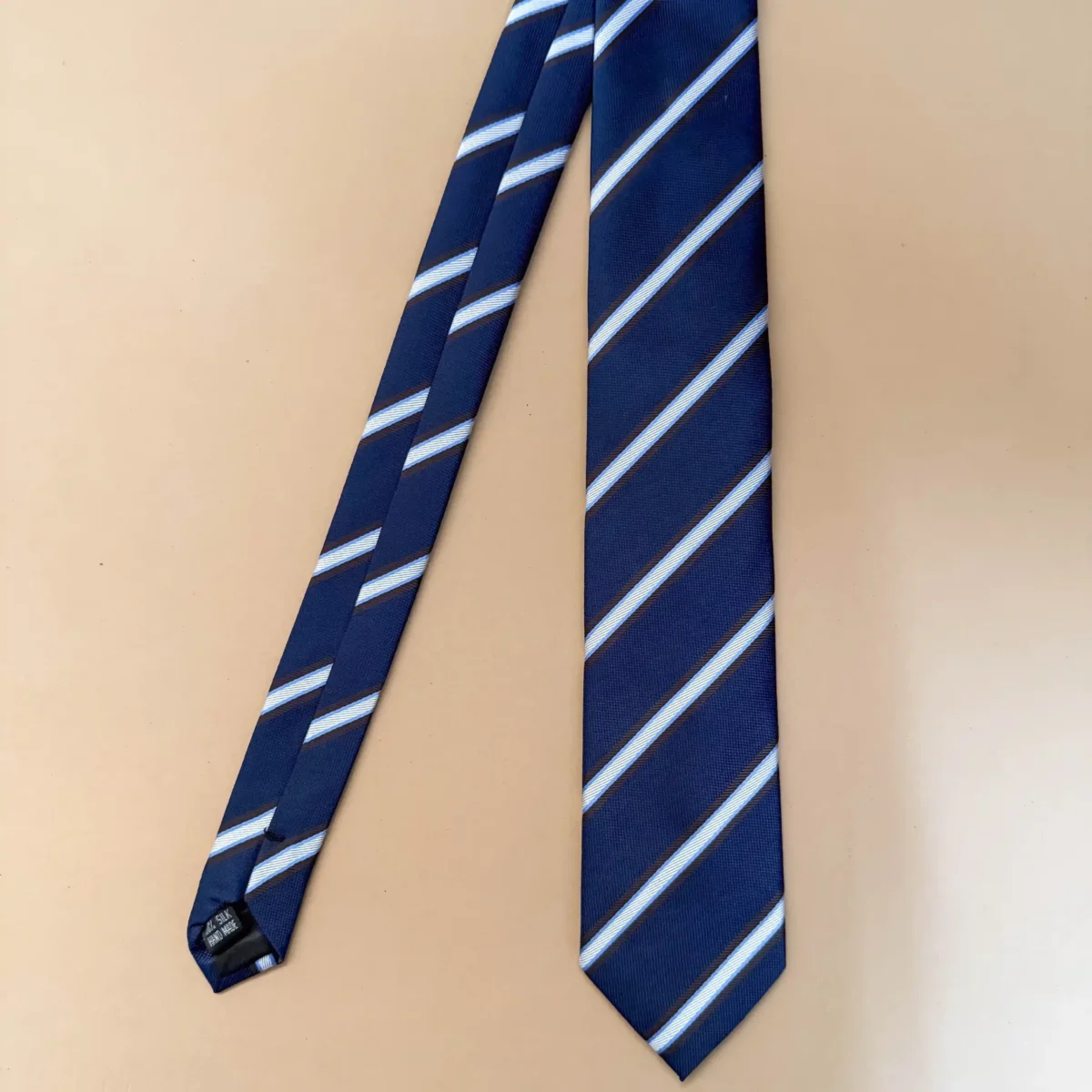 Navy Blue Brown Heritage Stripe Silk Necktie - Image 3