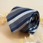 Navy Blue Grey Patterned Stripe Silk Necktie
