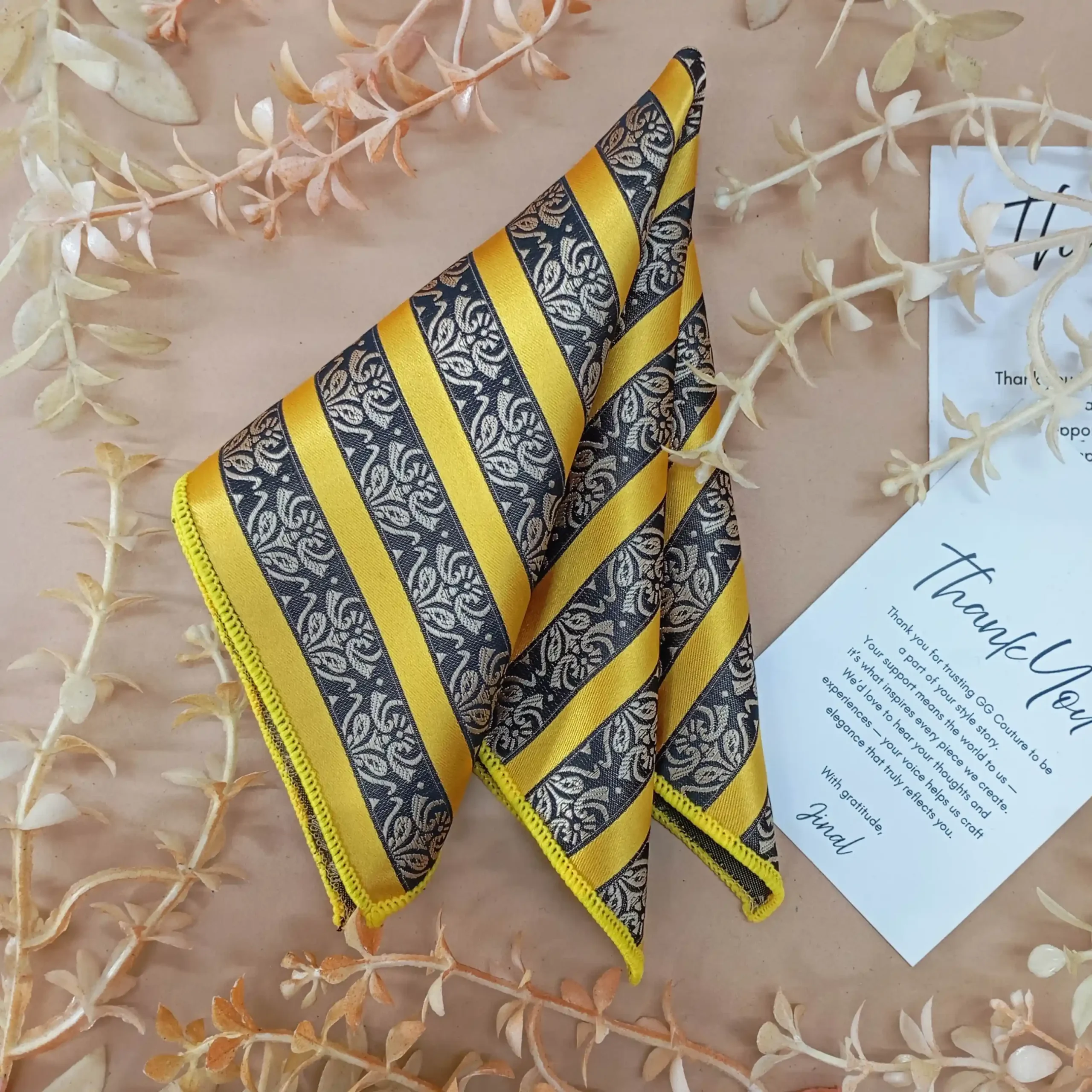 uc Yellow and Navy Striped Pocket Square - Image 1