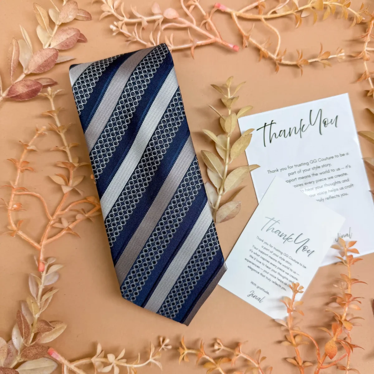 Navy Blue Grey Patterned Stripe Silk Necktie - Image 2