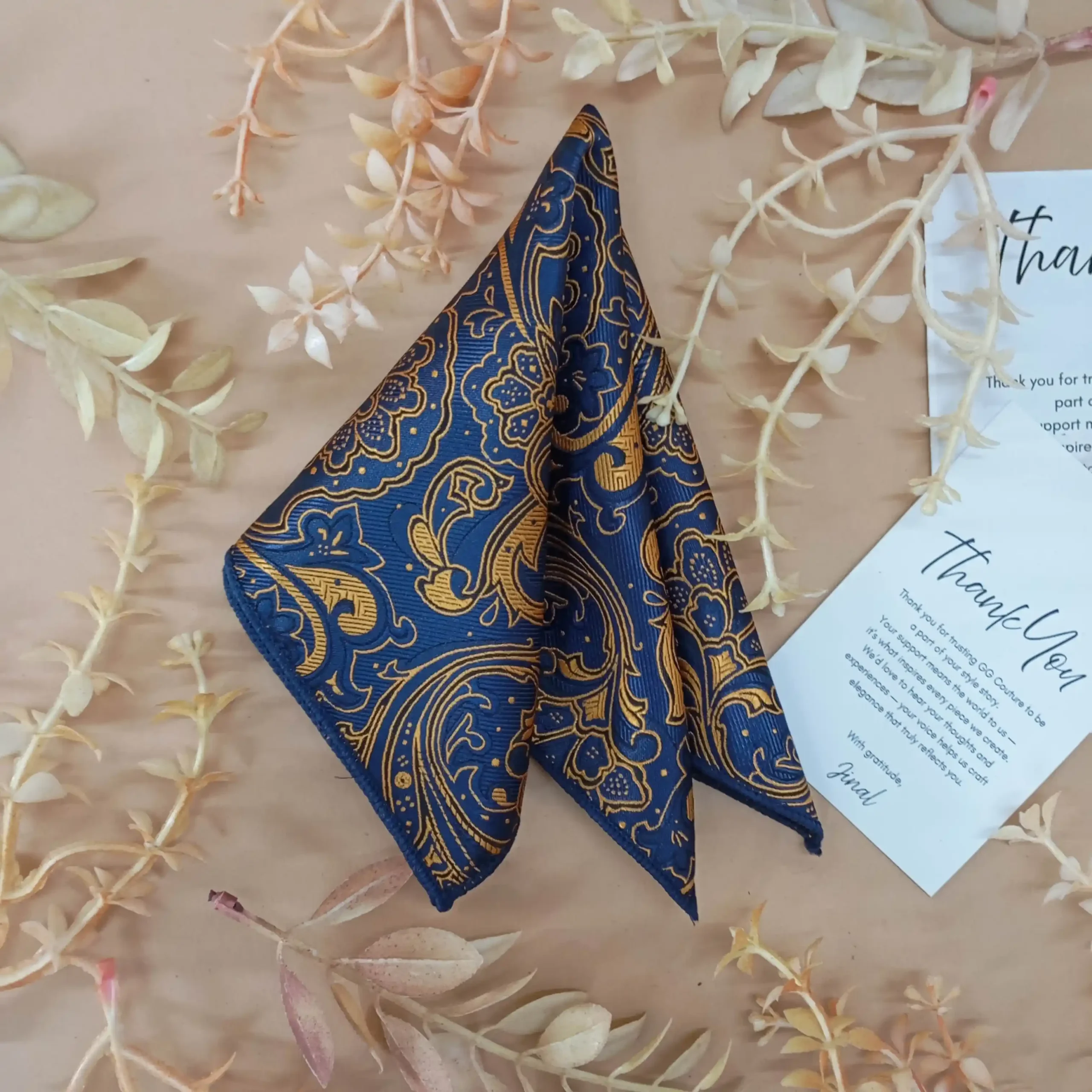 uc Navy and Gold Paisley Silk Pocket Square - Image 1