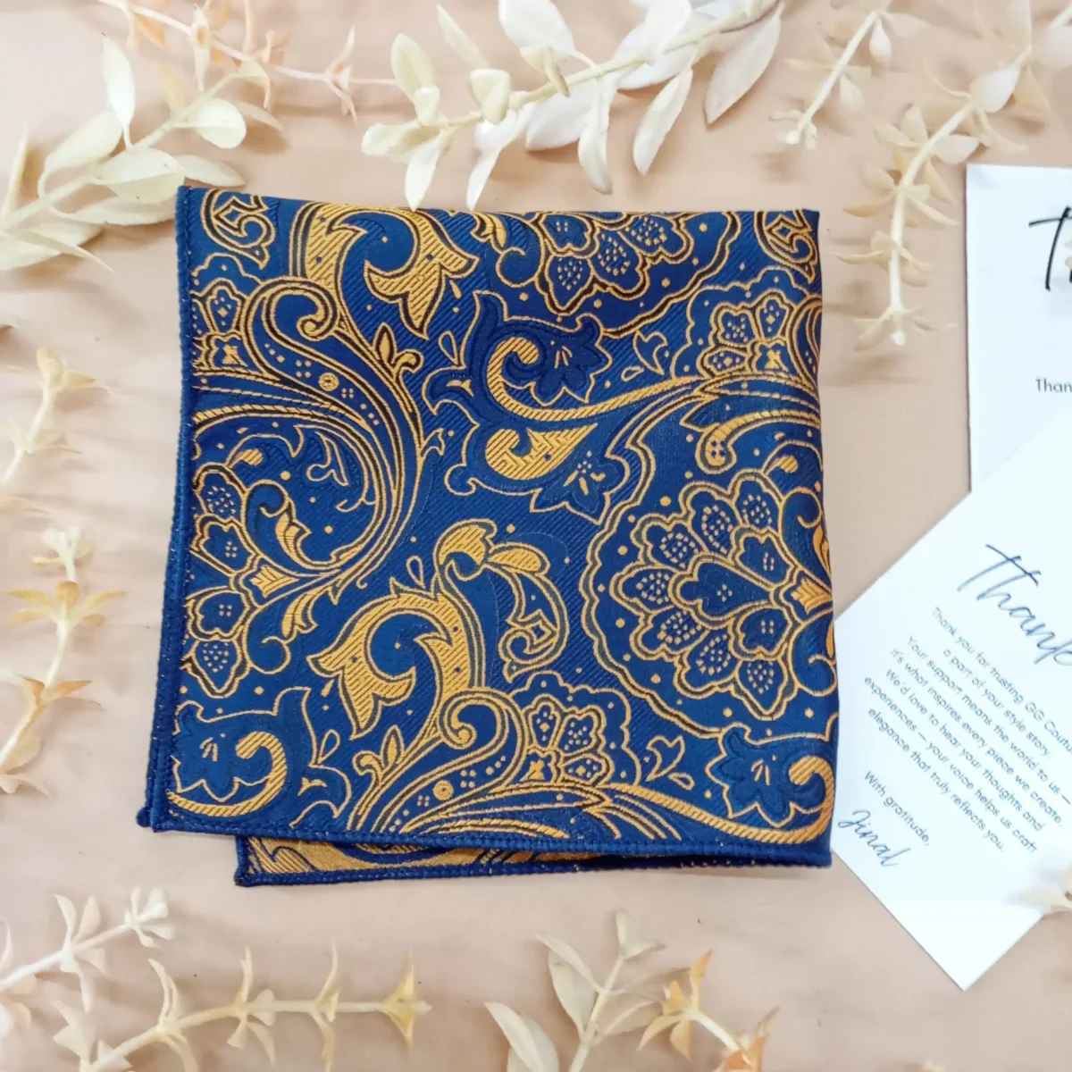 Navy and Gold Paisley Silk Pocket Square - Image 3