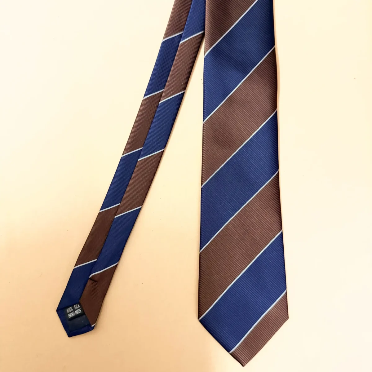 Bold Brown and Navy Blue Wide Stripe Silk Necktie - Image 3