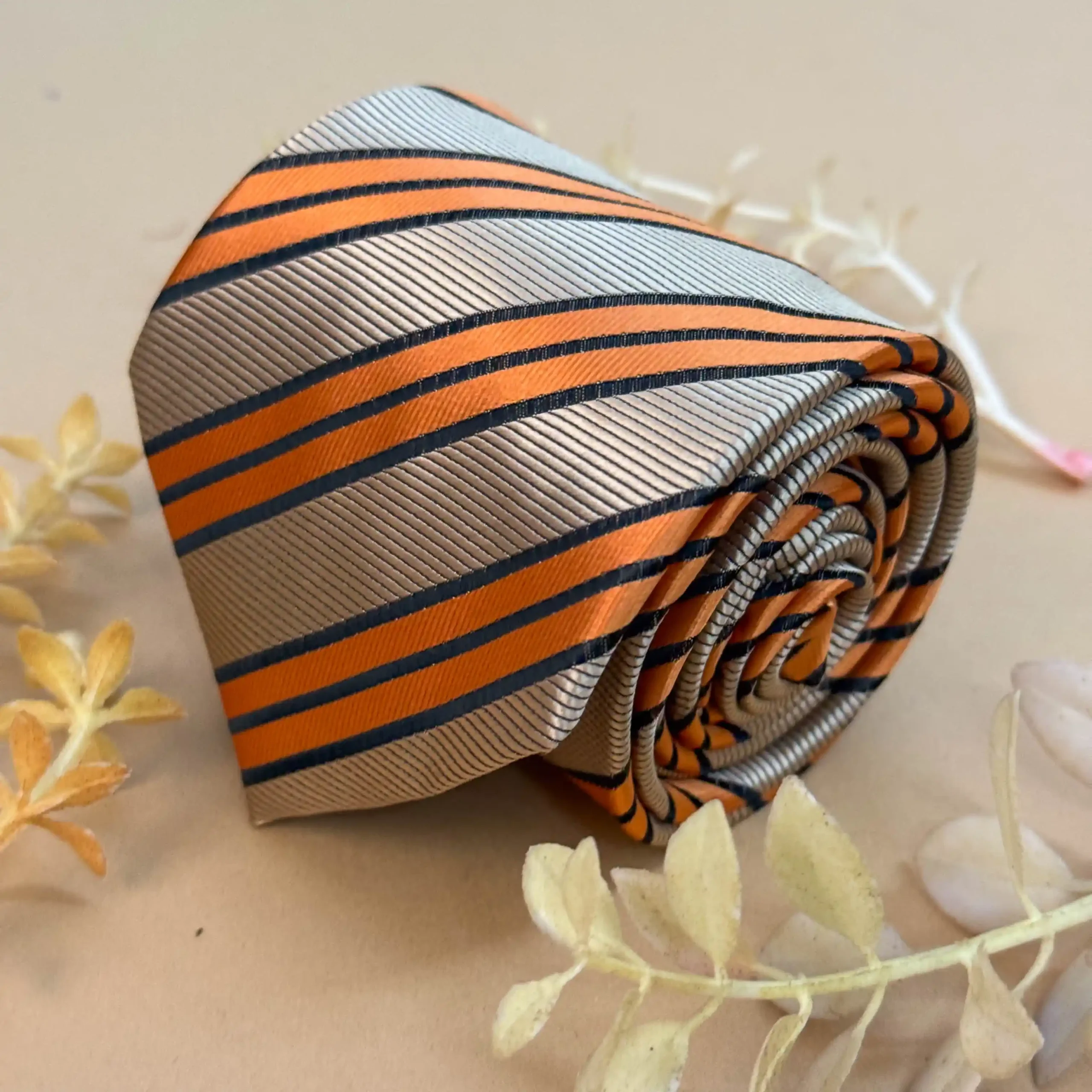uc Beige Contrast Stripe Silk Necktie - Image 1
