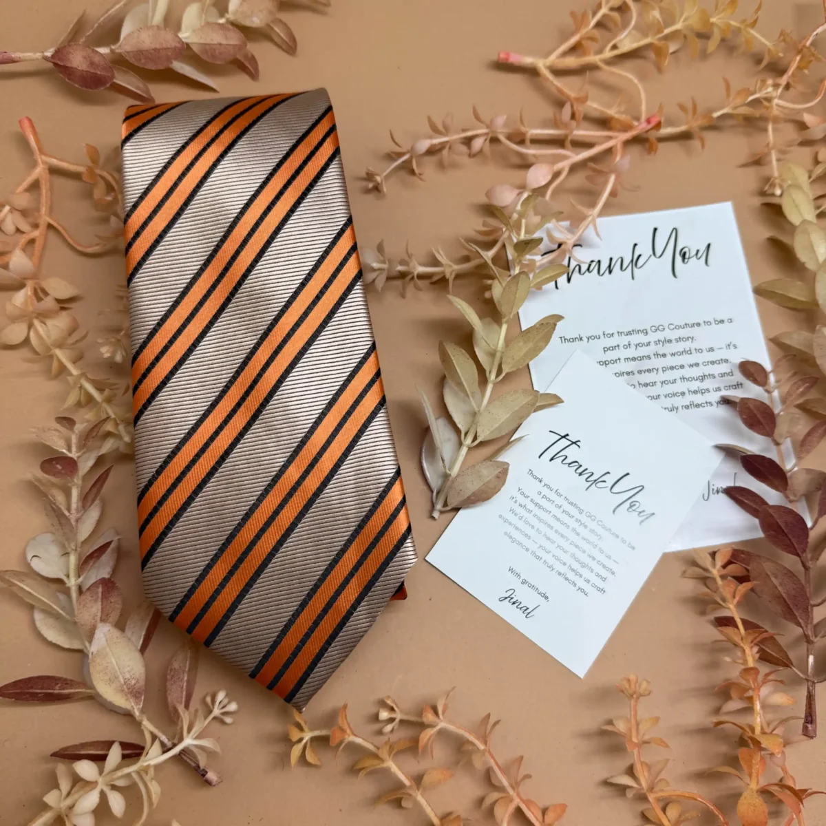 Beige Contrast Stripe Silk Necktie - Image 2