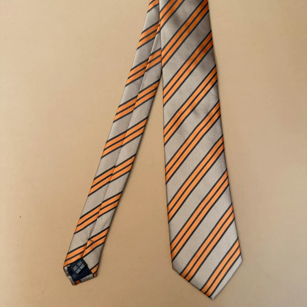 Beige Contrast Stripe Silk Necktie - Image 3