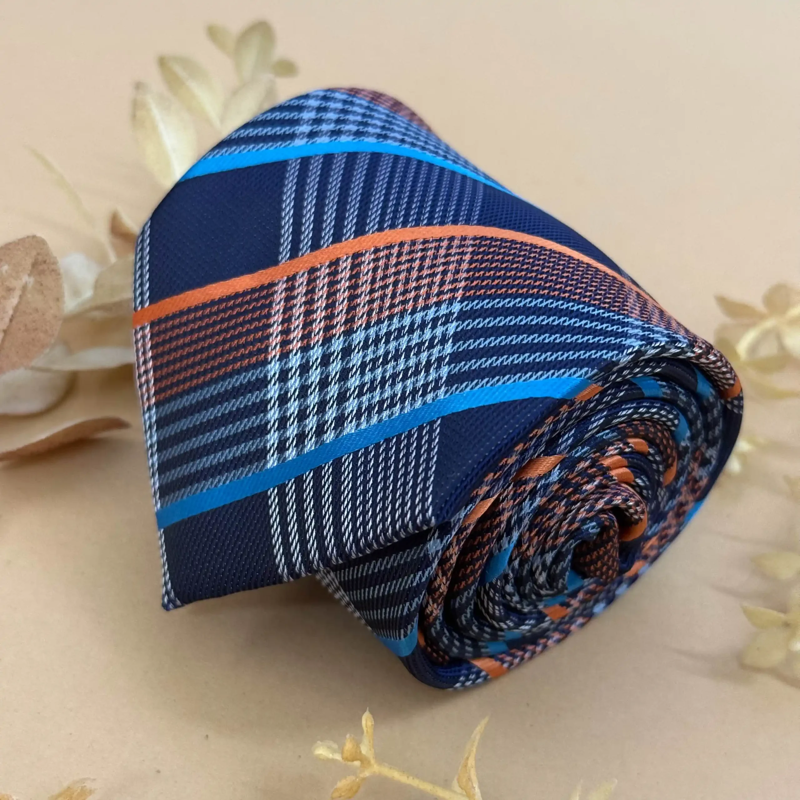 uc Navy Blue Sunset Plaid Silk Necktie - Image 1