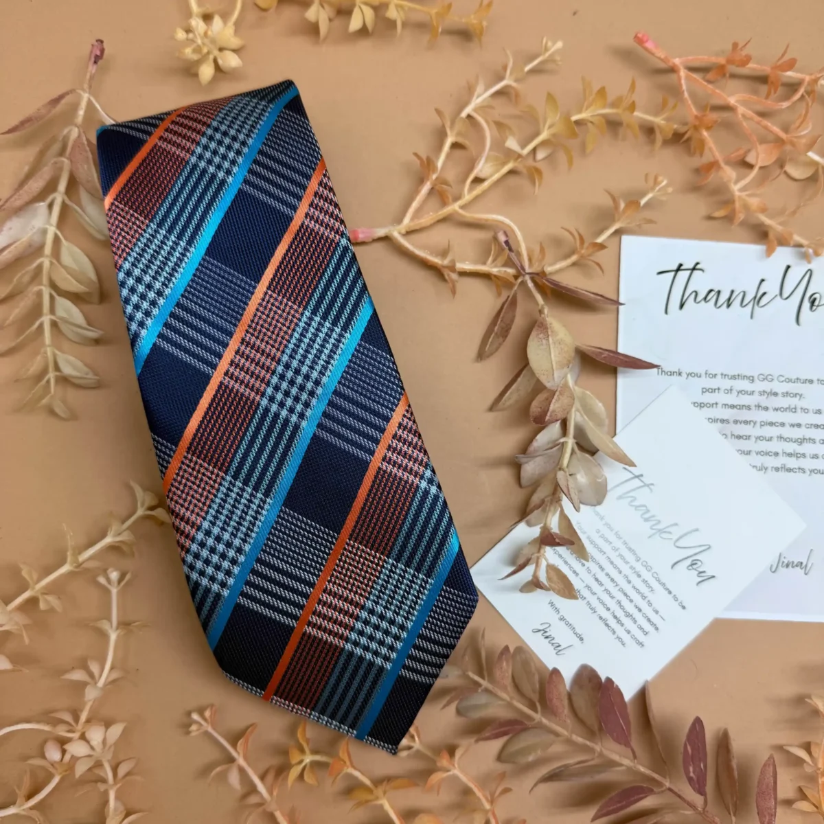 Navy Blue Sunset Plaid Silk Necktie - Image 2