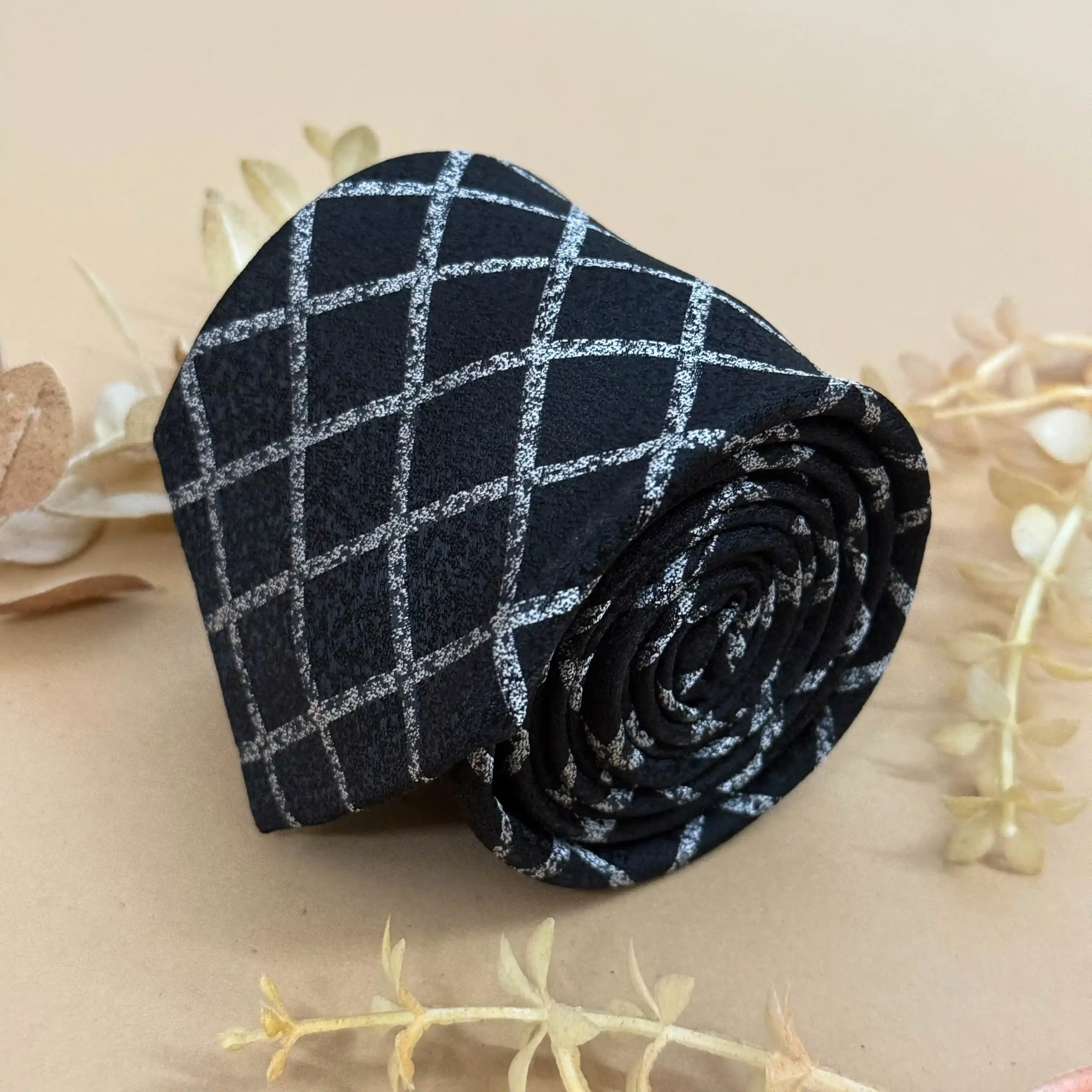 uc Black and White Diagonal Check Silk Necktie - Image 1