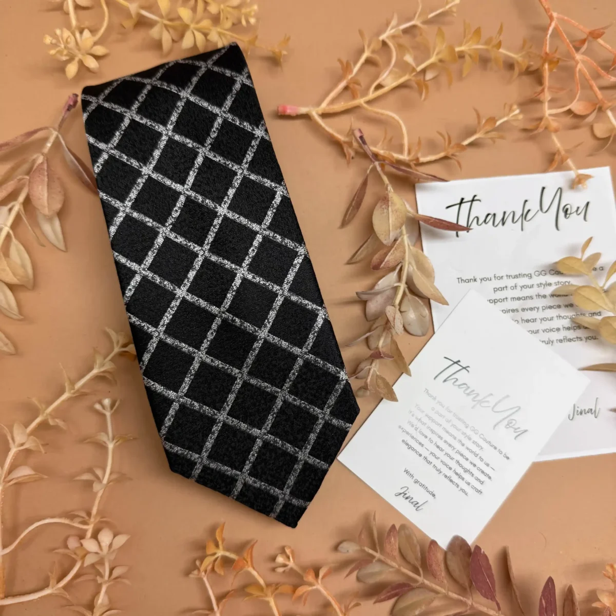 Black and White Diagonal Check Silk Necktie - Image 2