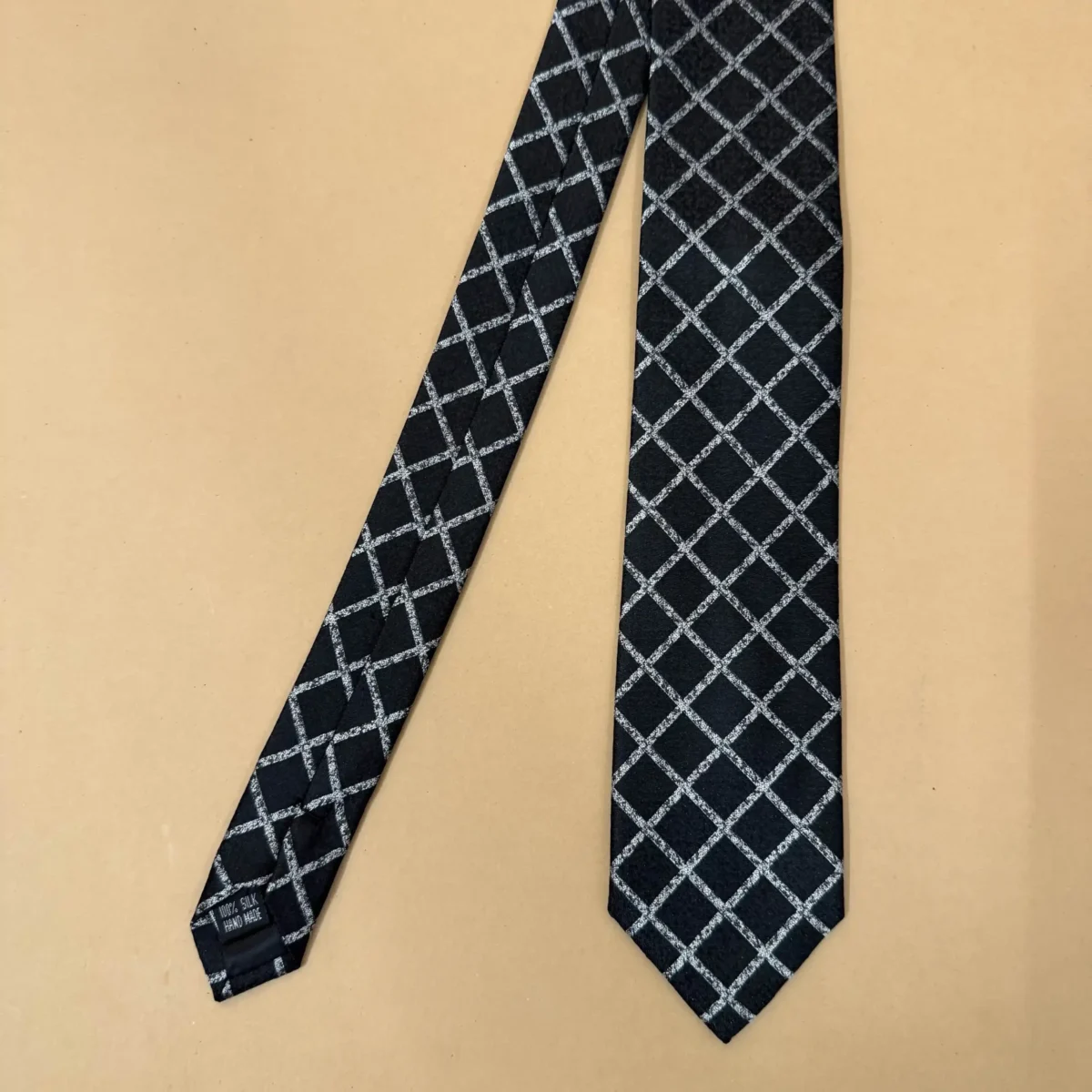 Black and White Diagonal Check Silk Necktie - Image 3