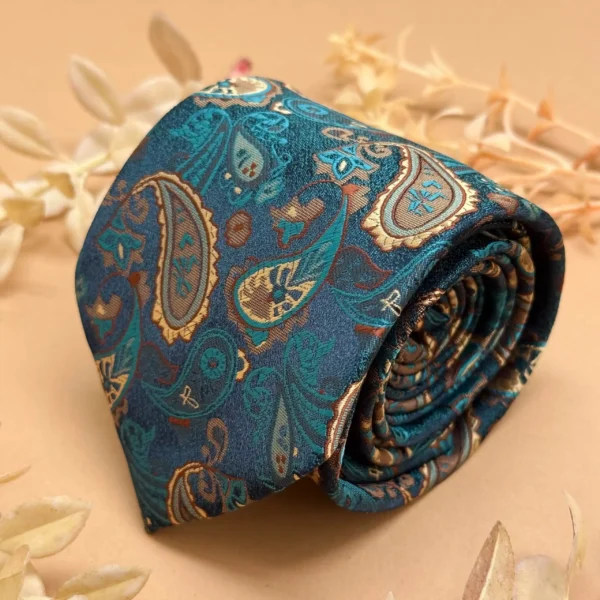 Teal Blue Multi Paisley Designer Silk Necktie