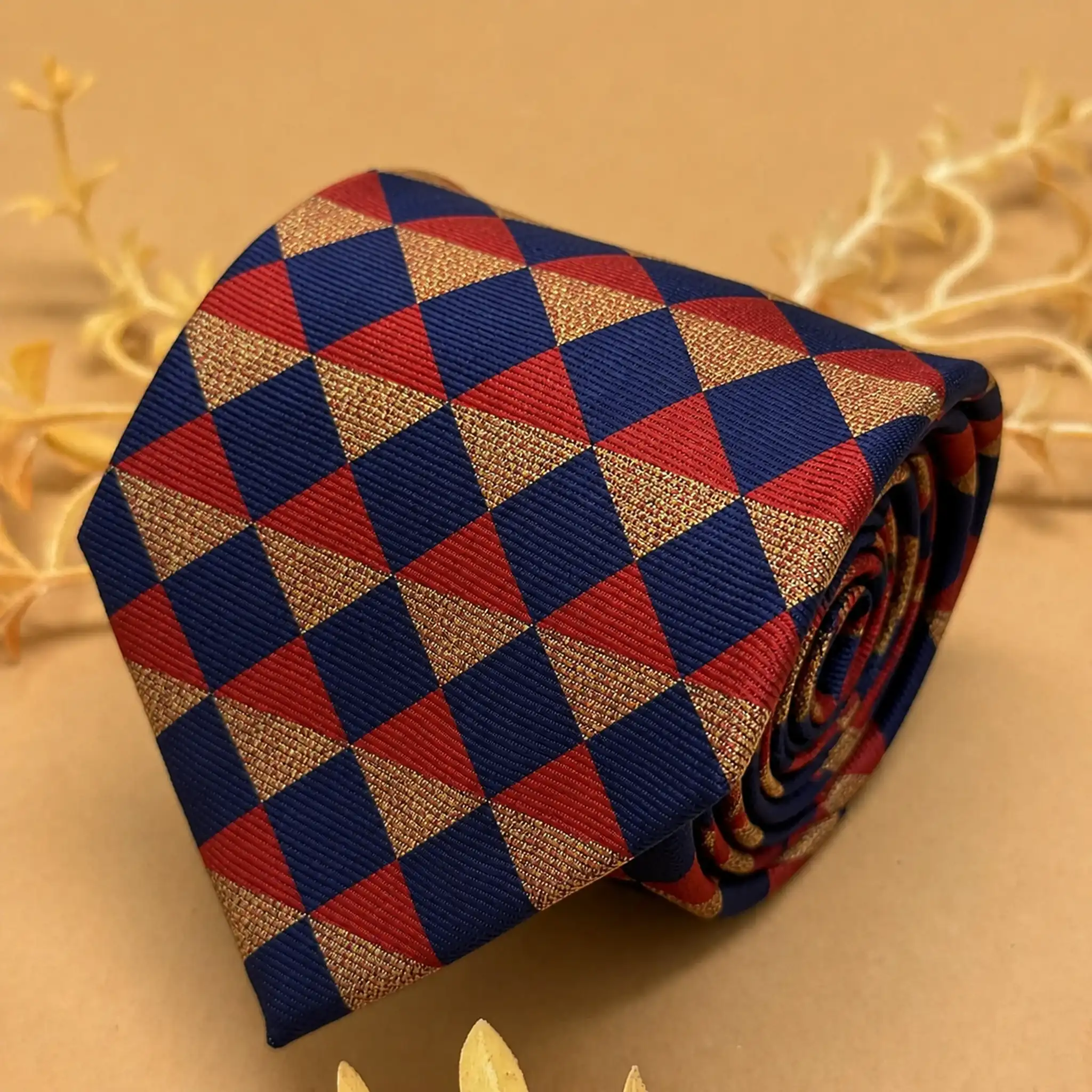37 Navy Blue and Rust Argyle Silk Necktie - Image 1