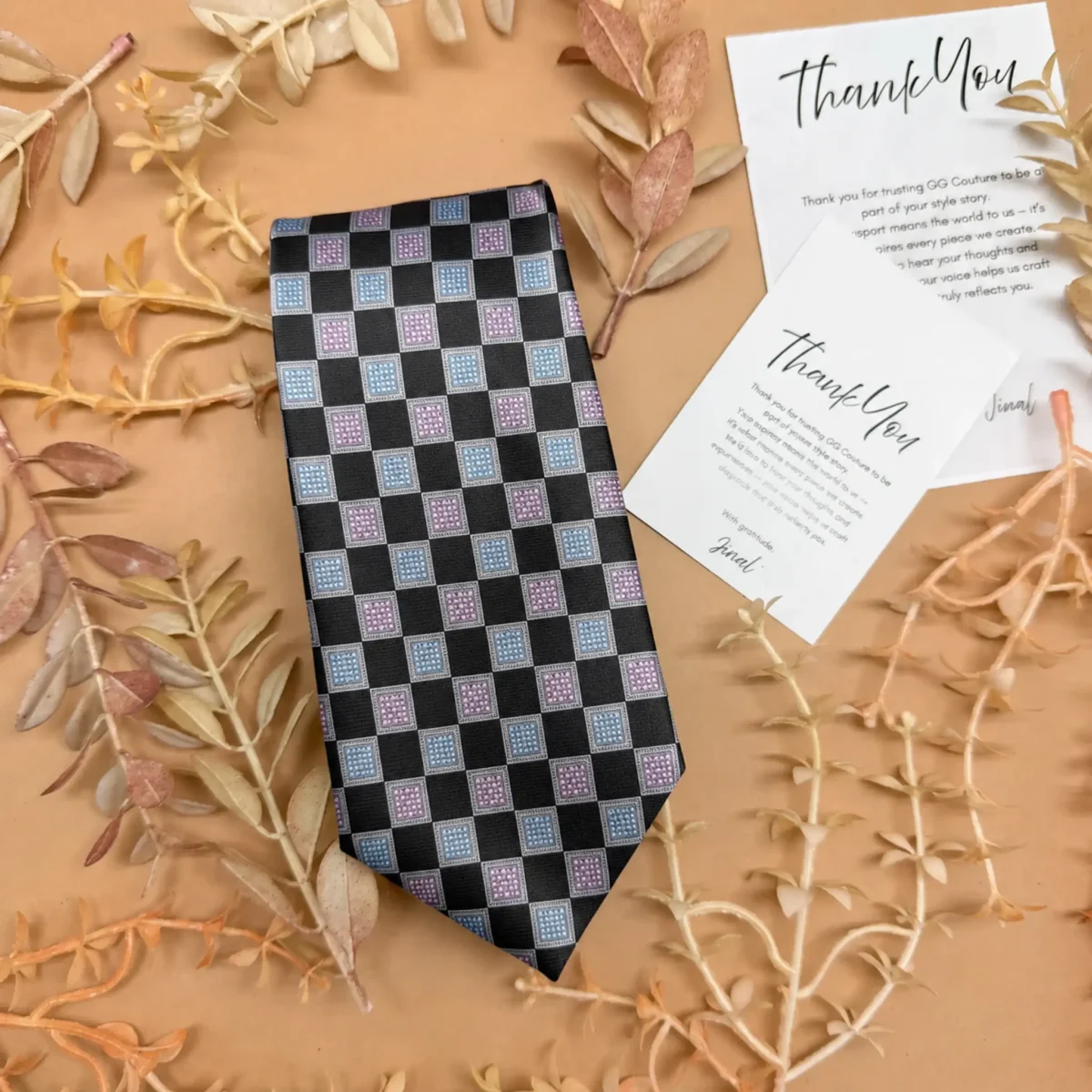 Black and Silver Blue Checker Silk Necktie - Image 2