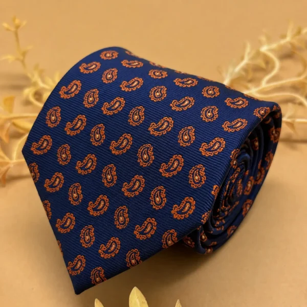 Navy Blue and Gold Copper Paisley Silk Necktie
