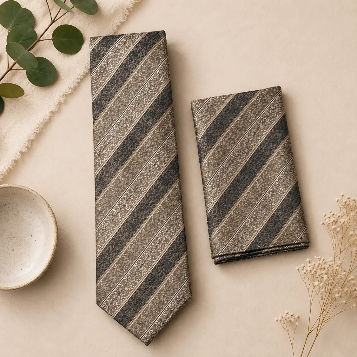 Champagne Heritage Stripe Silk Tie & Pocket Square Set - Image 2