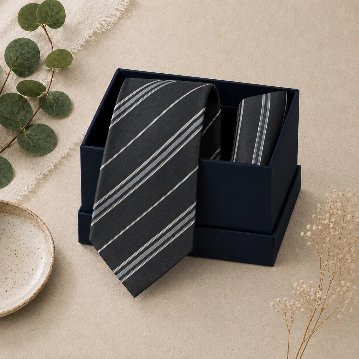 Charcoal Brown Stripe Silk Tie & Pocket Square Set - Image 2
