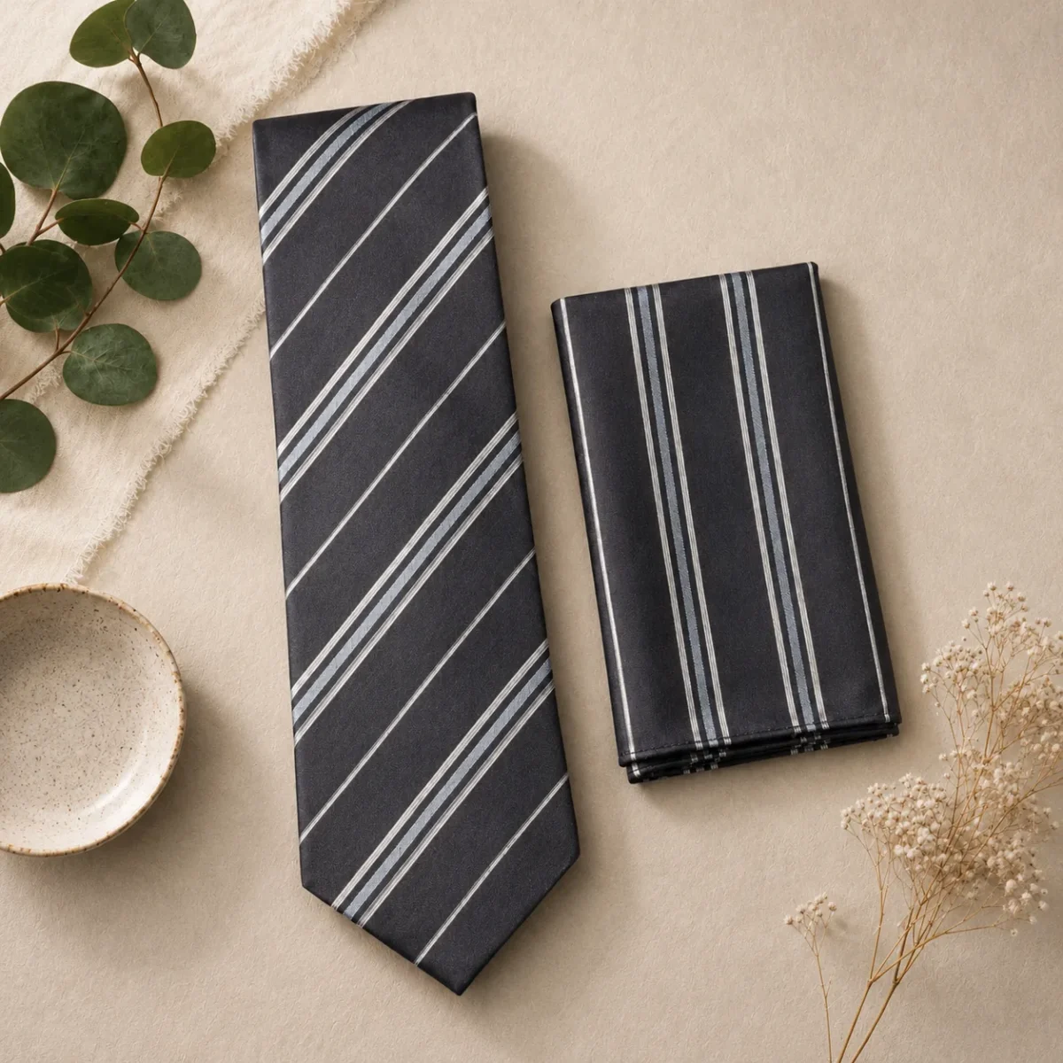 Charcoal Brown Stripe Silk Tie & Pocket Square Set - Image 3