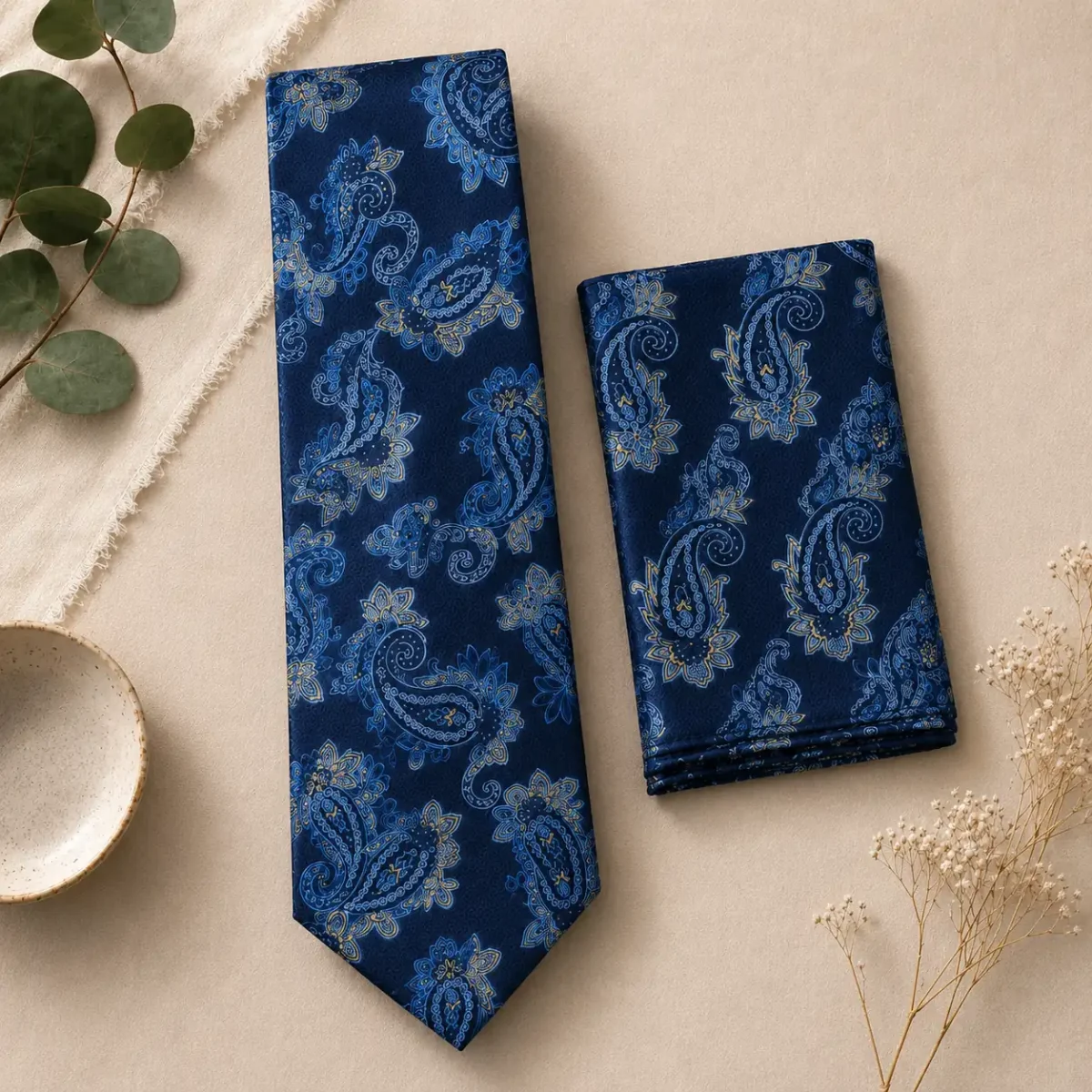 Royal Blue Paisley Silk Tie & Pocket Square Set - Image 3