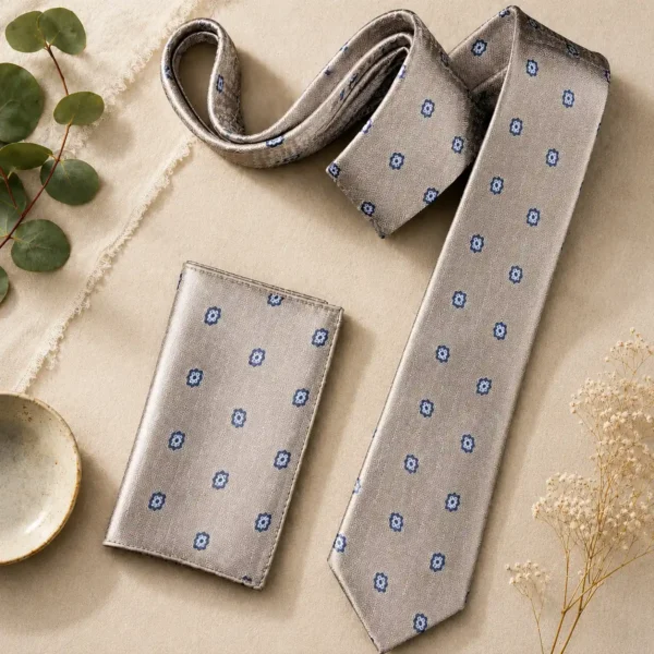 Champagne Beige Medallion Silk Tie & Pocket Square Set