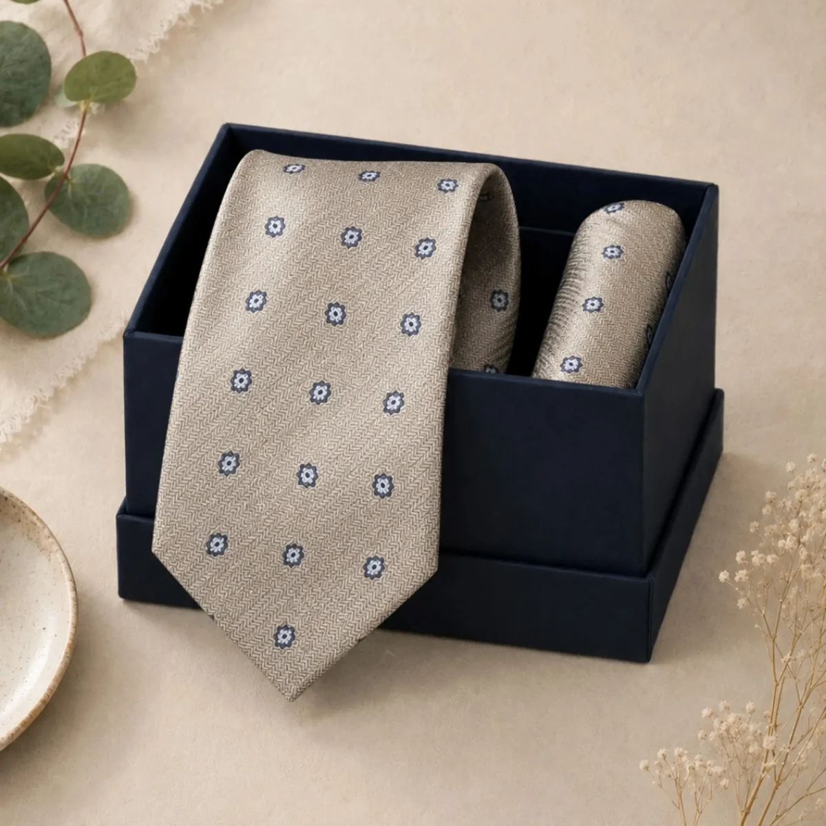 Champagne Beige Medallion Silk Tie & Pocket Square Set - Image 2