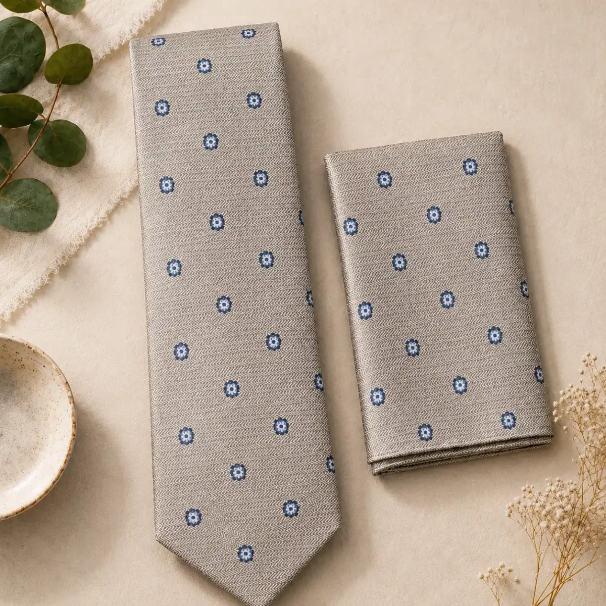 Champagne Beige Medallion Silk Tie & Pocket Square Set - Image 3