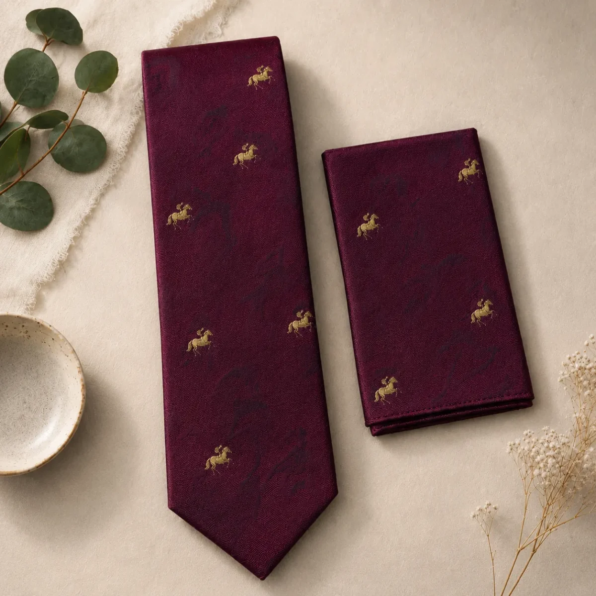 Scarlet Equestrian Silk Tie & Pocket Square Set - Image 3