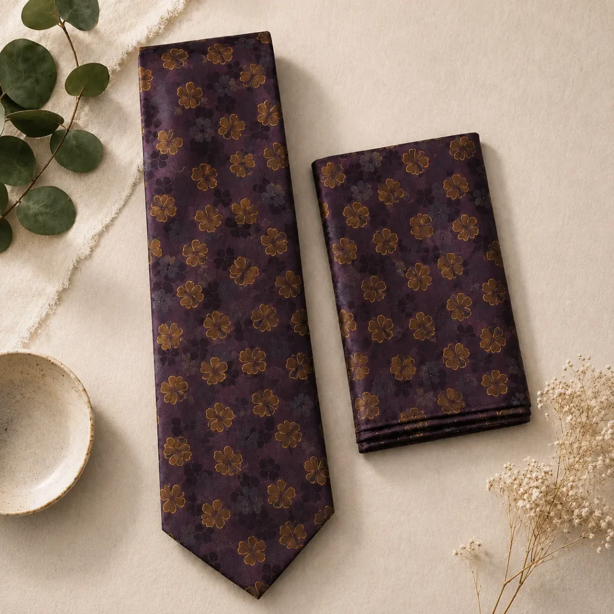 Dusty Rose Floral Silk Tie & Pocket Square Set - Image 3