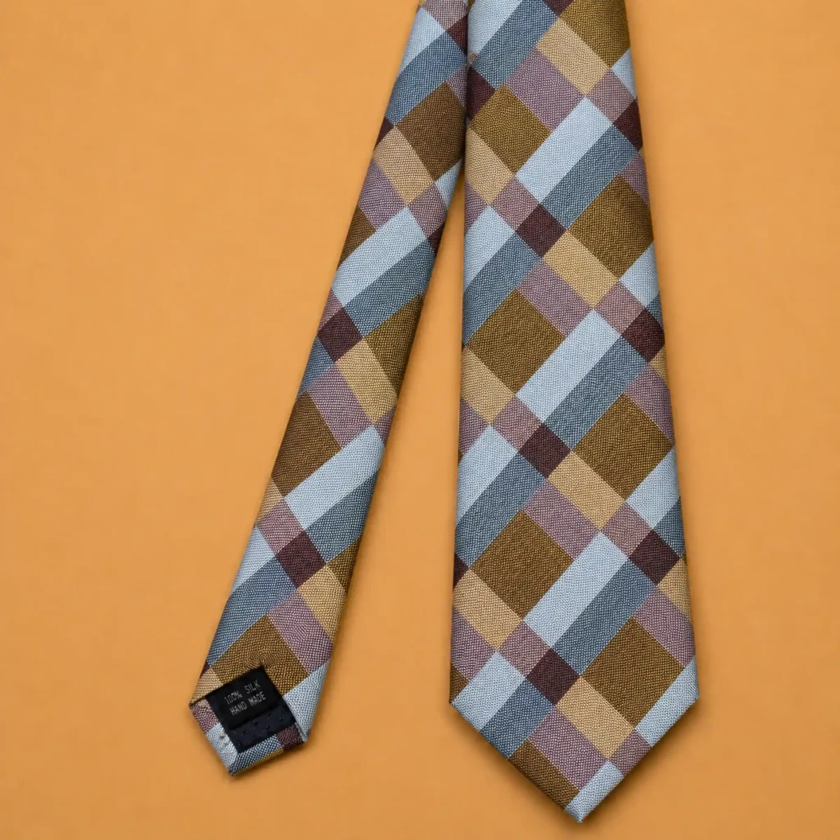 Beige Multi Colored Check Silk Necktie - Image 3