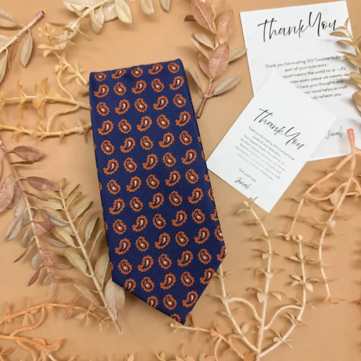 Navy Blue and Gold Copper Paisley Silk Necktie - Image 2