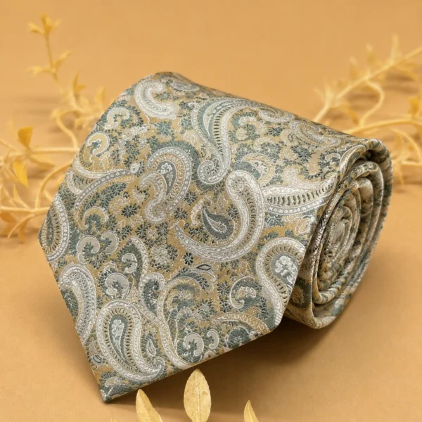 Ivory and Sage Paisley Silk Necktie