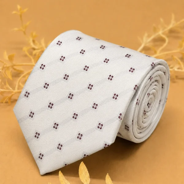 White and Burgundy Motif Silk Necktie