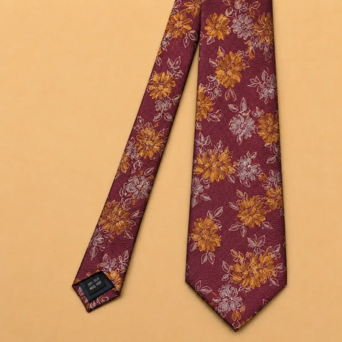 Burgundy and Gold Floral Silk Necktie - Image 3